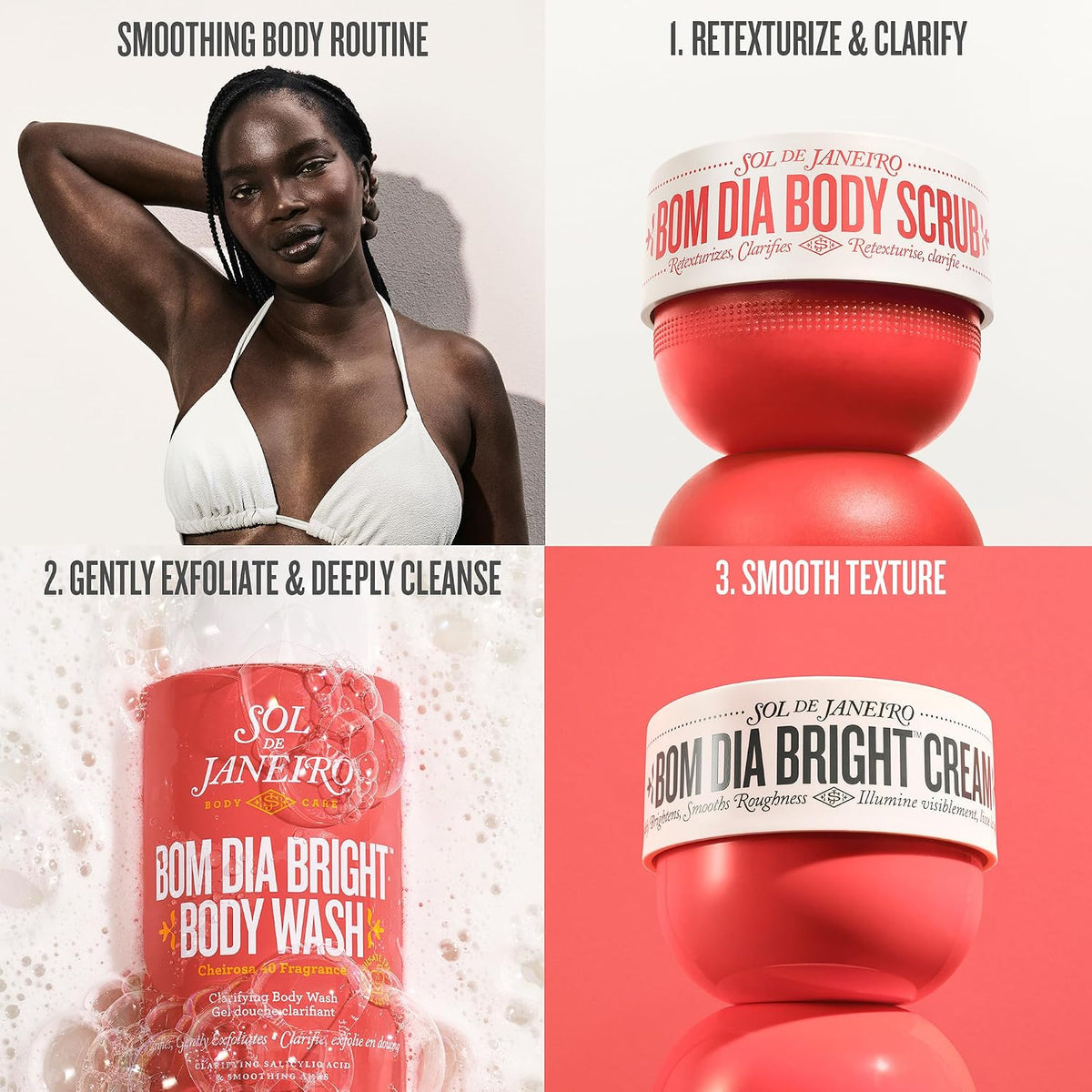 Cosmetic products with branding and text on a white background