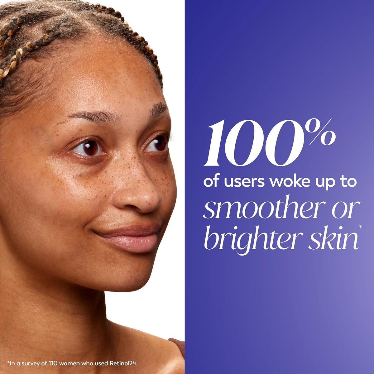 Advertisement showing a woman's face with text about skin improvement.