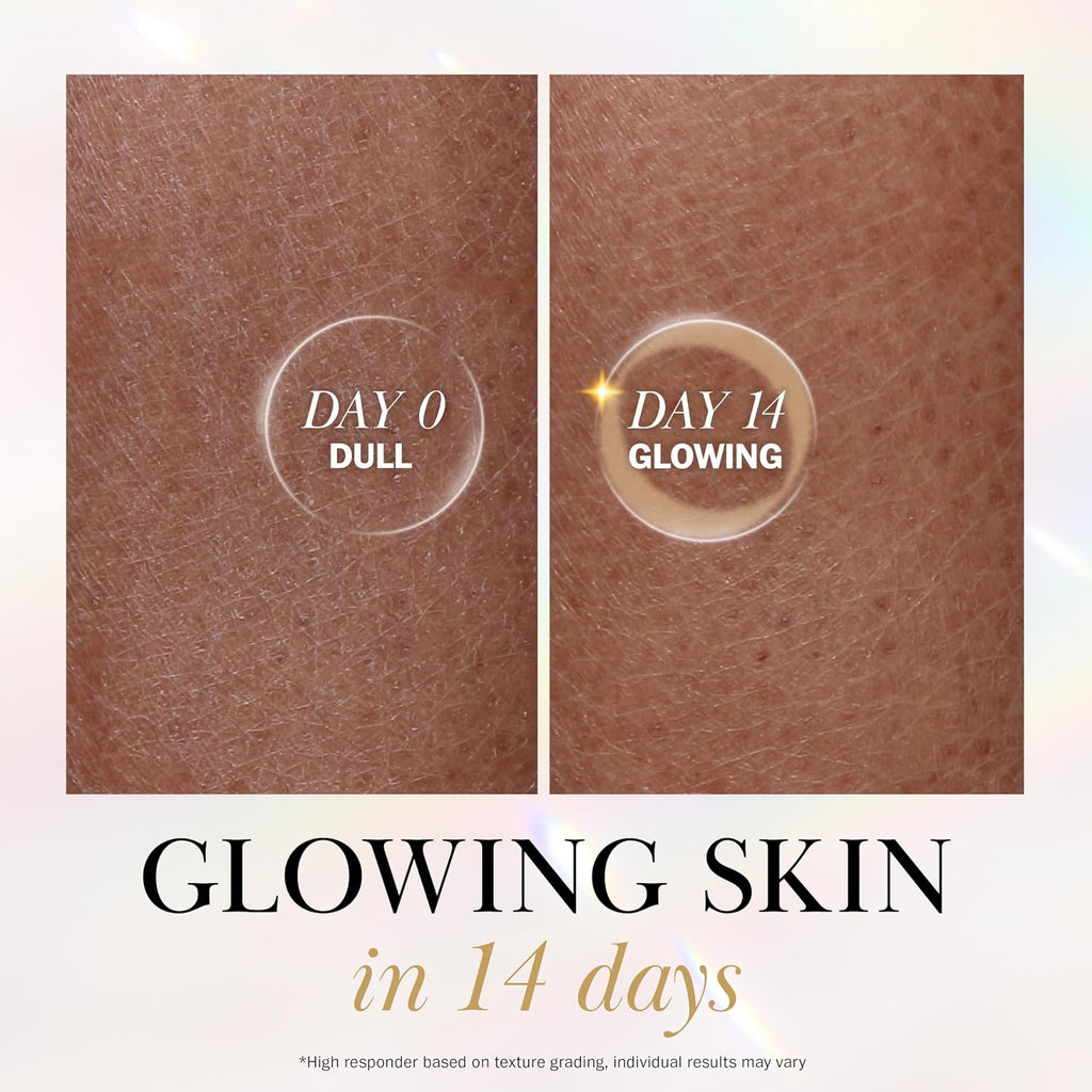 Before-and-after skin comparison showing 'DAY 0 DULL' dry skin on the left and 'DAY 14 GLOWING' hydrated skin on the right, with text reading 'GLOWING SKIN in 14 days' below.