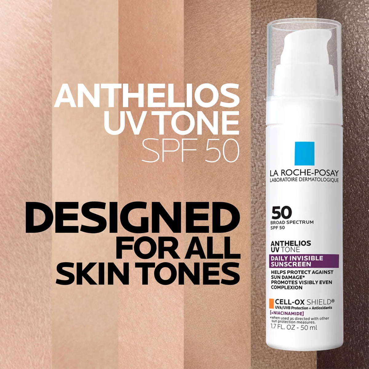 La Roche-Posay Anthelios UV Tone SPF 50 sunscreen bottle with skin tone swatches on a brown background.