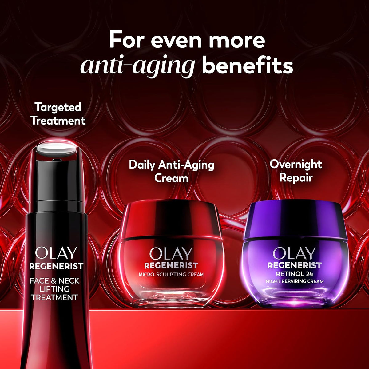 Olay Regenerist skincare products with text on anti-aging benefits on a red background