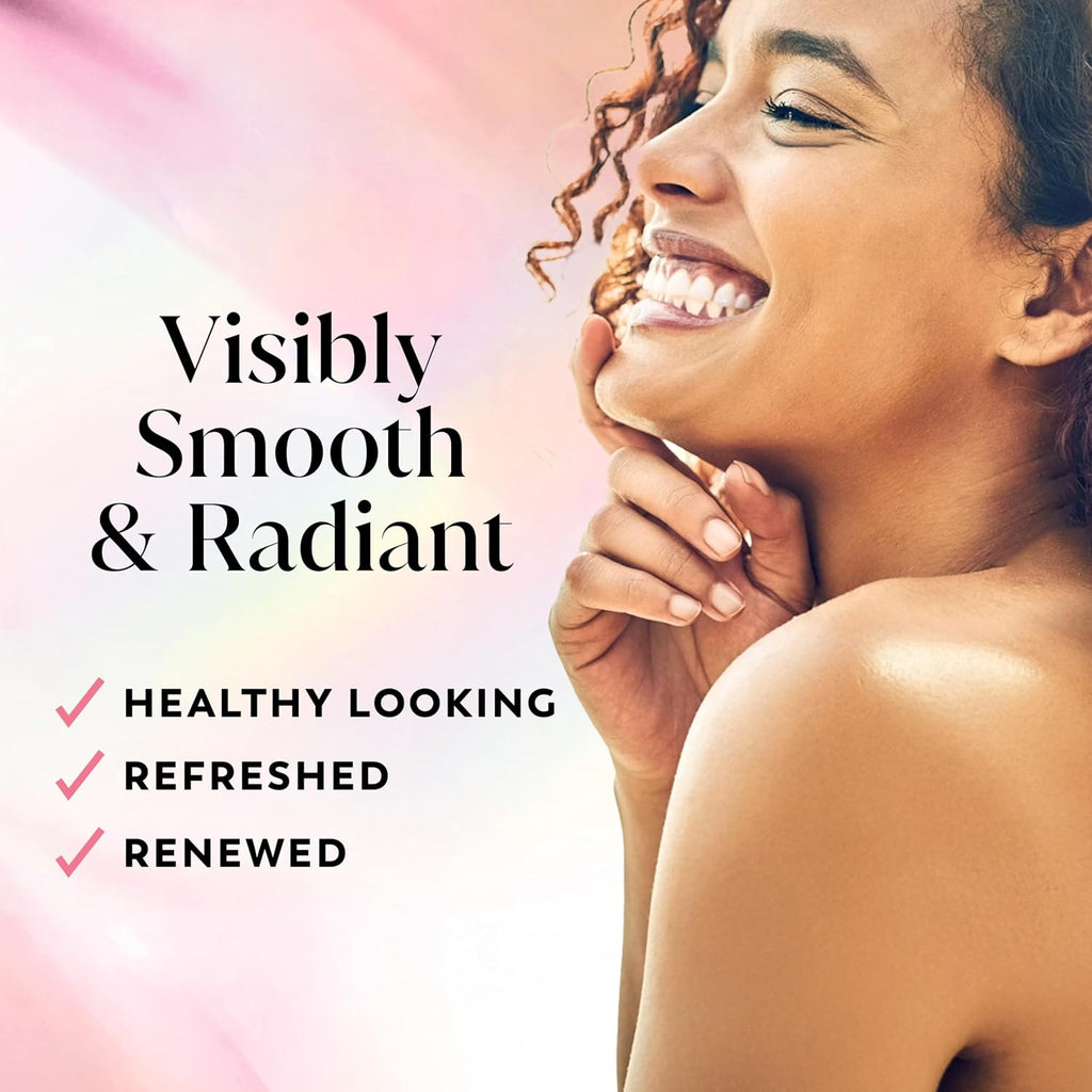 Woman with smooth skin and text 'Visibly Smooth & Radiant' on a gradient background