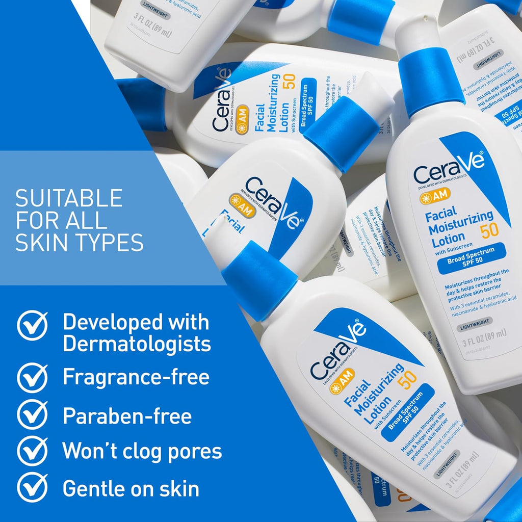 CeraVe facial moisturizing lotion bottles with product features listed on a blue background