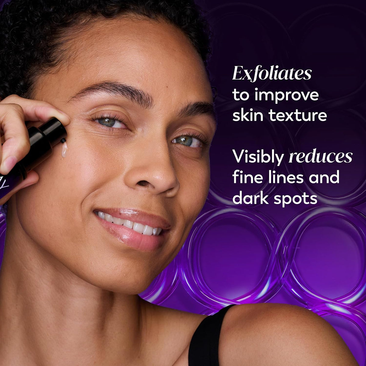 Woman applying skincare product with text about skin benefits on a purple background