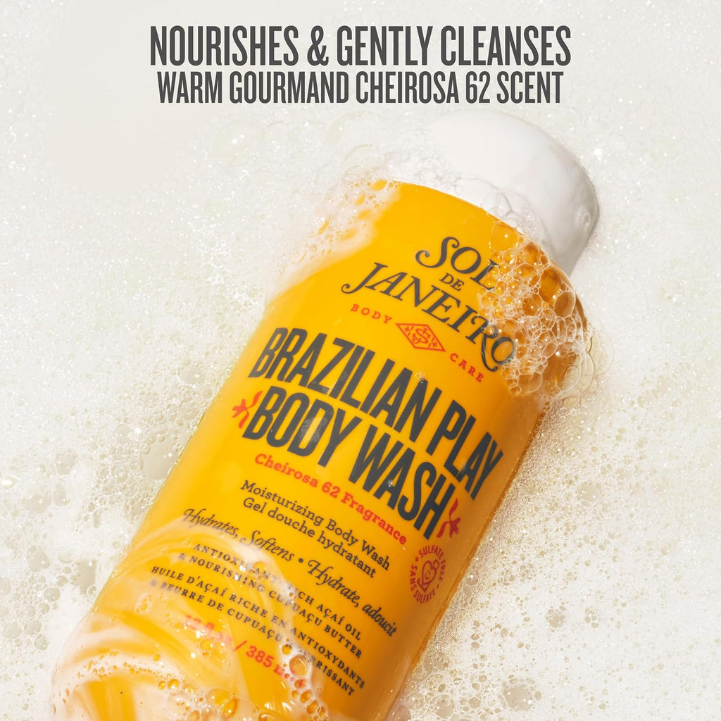 Sol de Janeiro Brazilian Play Body Wash bottle with bubbles on a white background