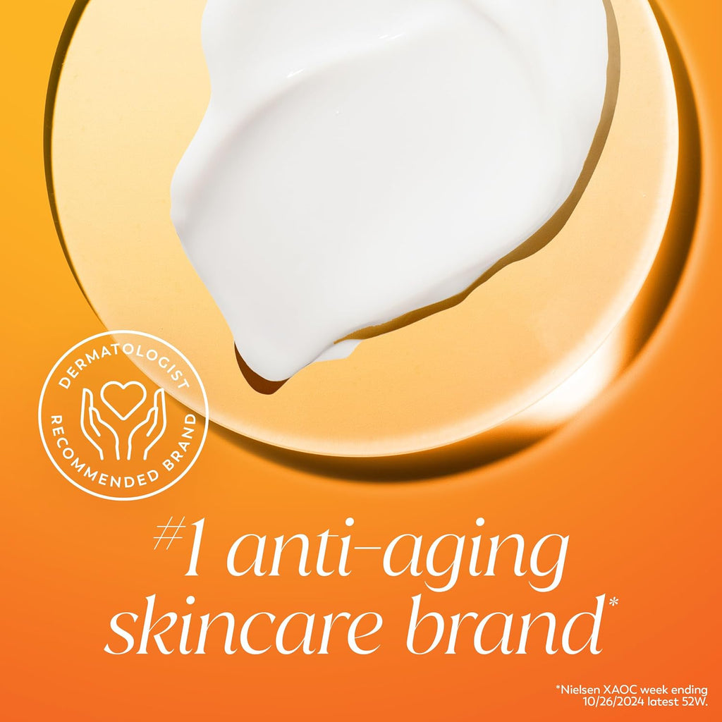 Anti-aging skincare product with a dermatologist recommended logo on an orange background