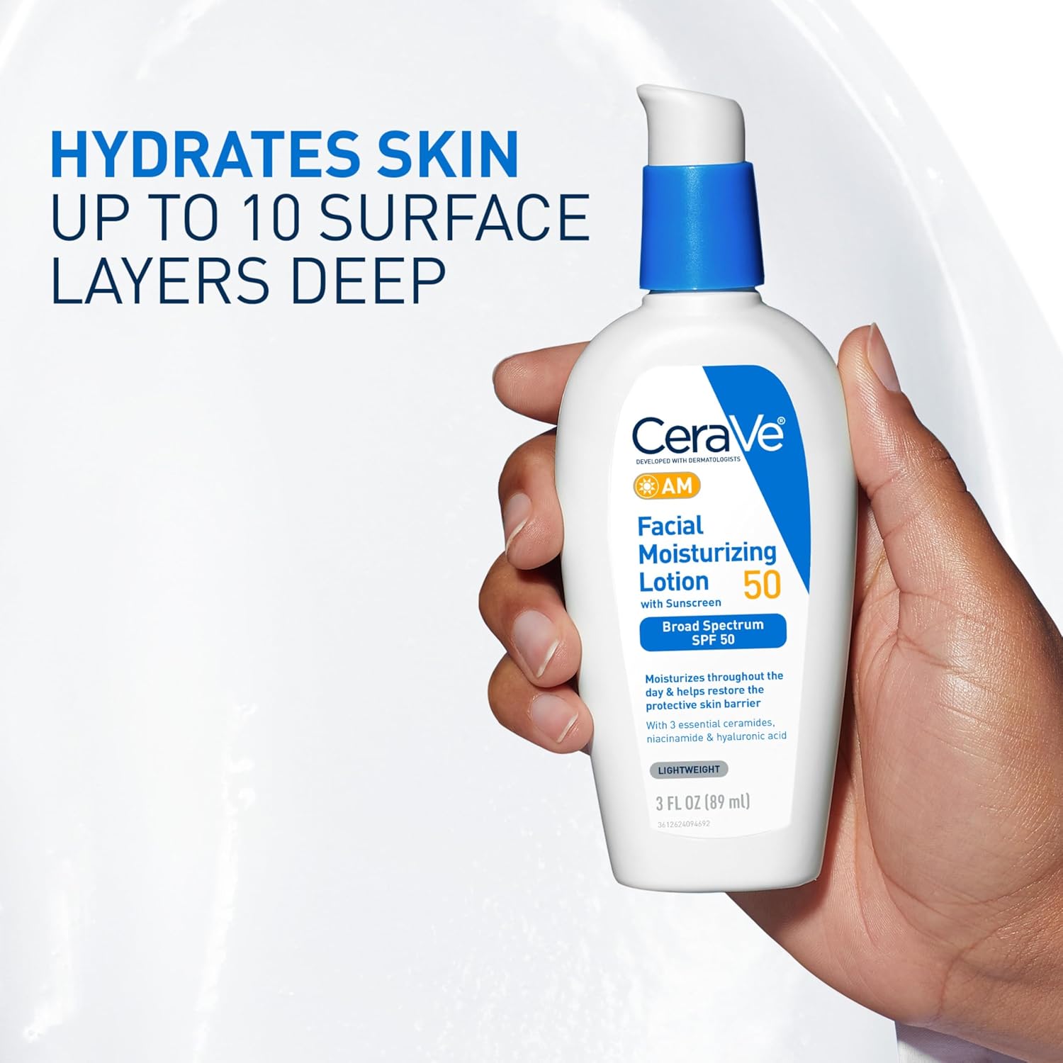 CeraVe facial moisturizing lotion held in a hand with product details displayed.