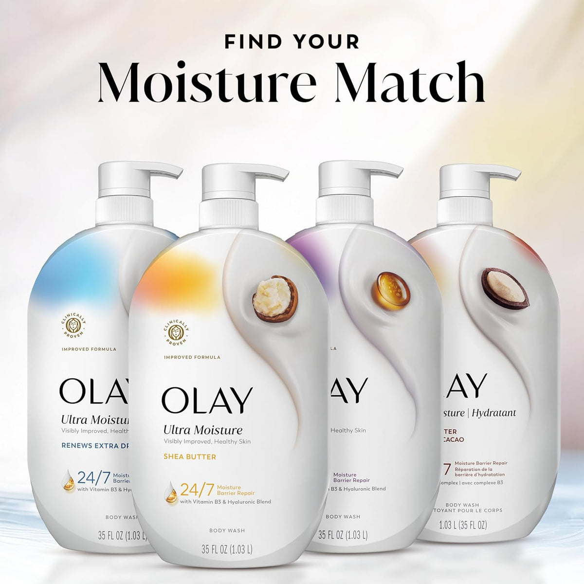 OLAY body wash bottles with a 'Find Your Moisture Match' text on a light background