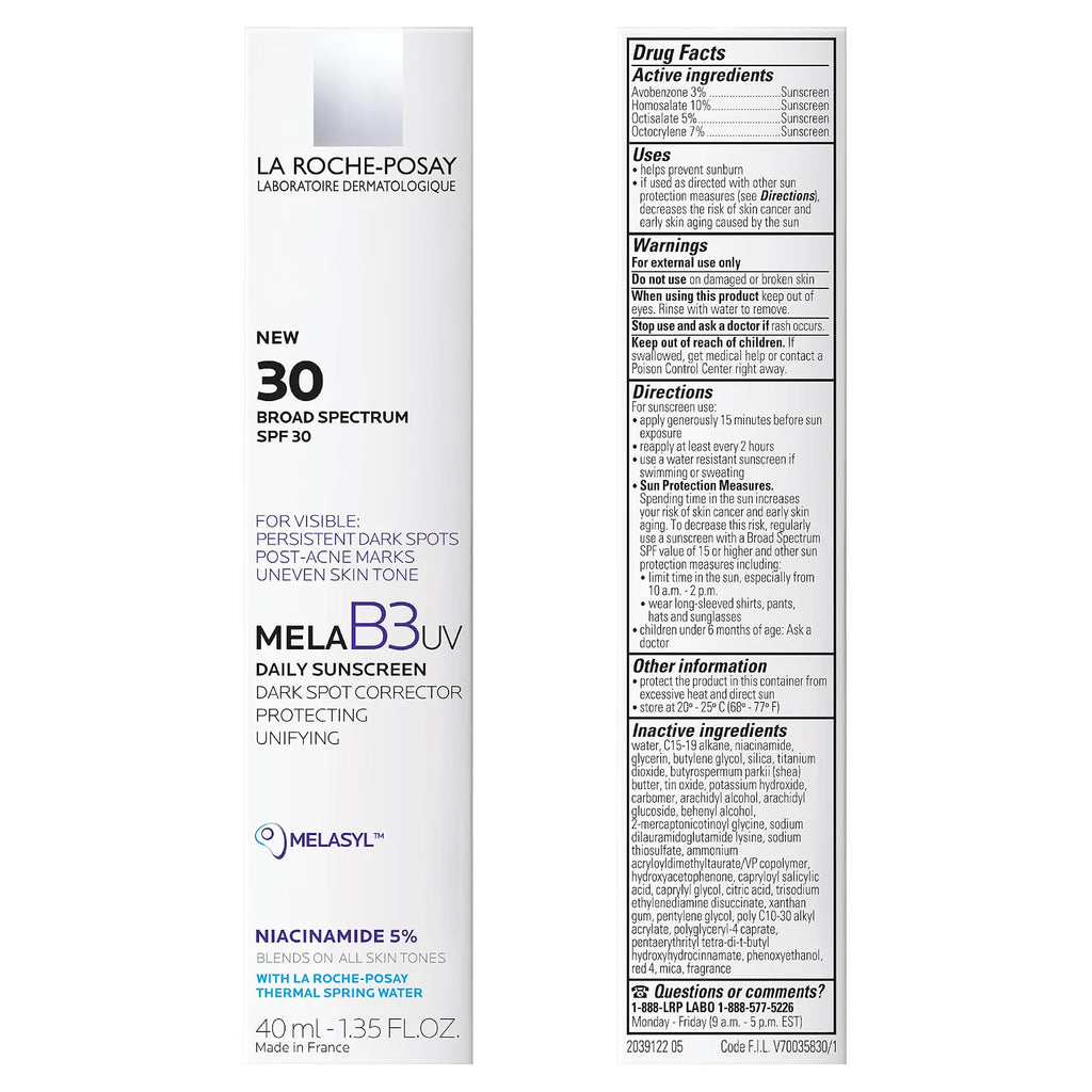 La Roche-Posay MelaBB3 UV Daily Sunscreen Dark Spot Corrector 30 mL bottle shown against a white background, displaying the front label and the detailed back Drug Facts panel.