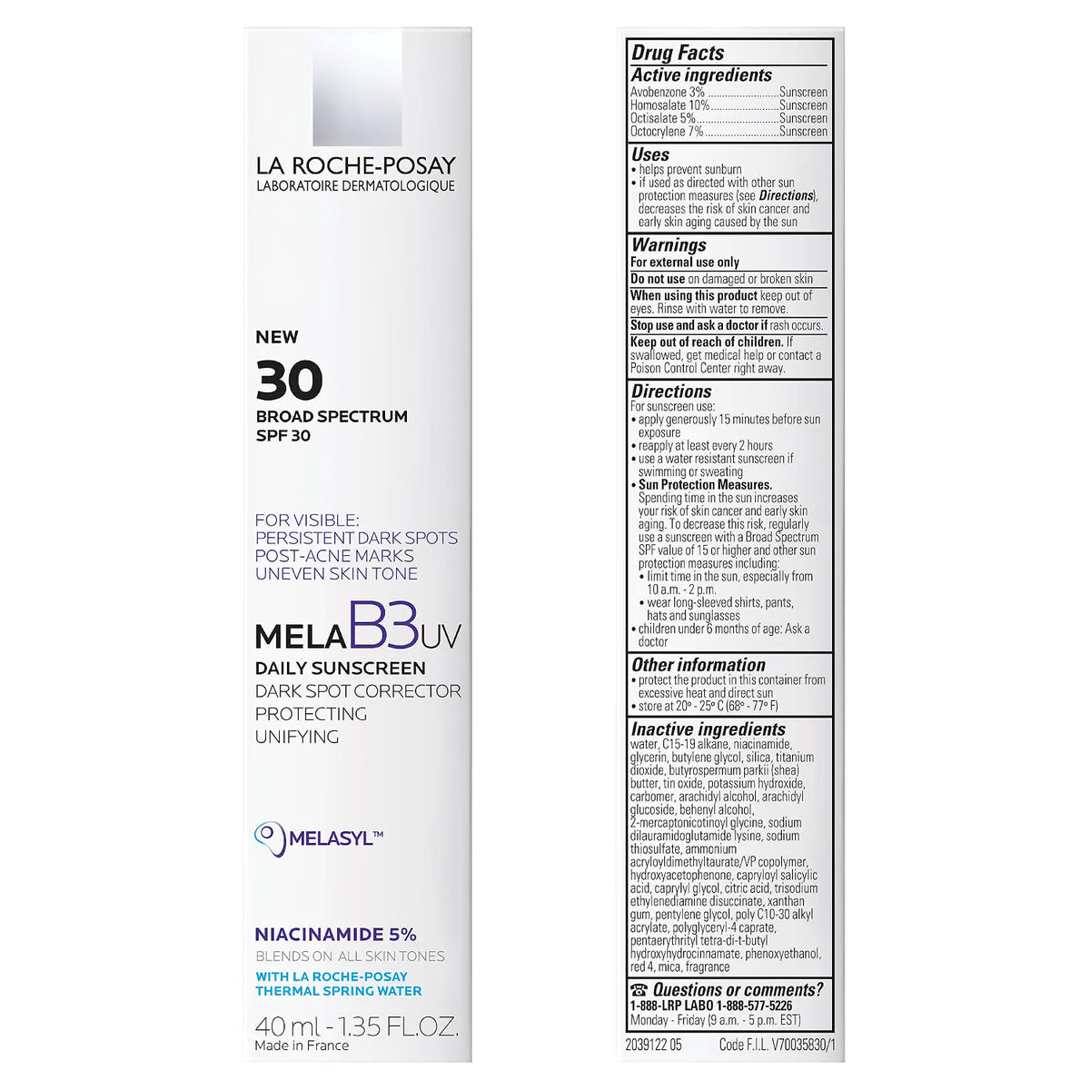 La Roche-Posay MelaBB3 UV Daily Sunscreen Dark Spot Corrector 30 mL bottle shown against a white background, displaying the front label and the detailed back Drug Facts panel.
