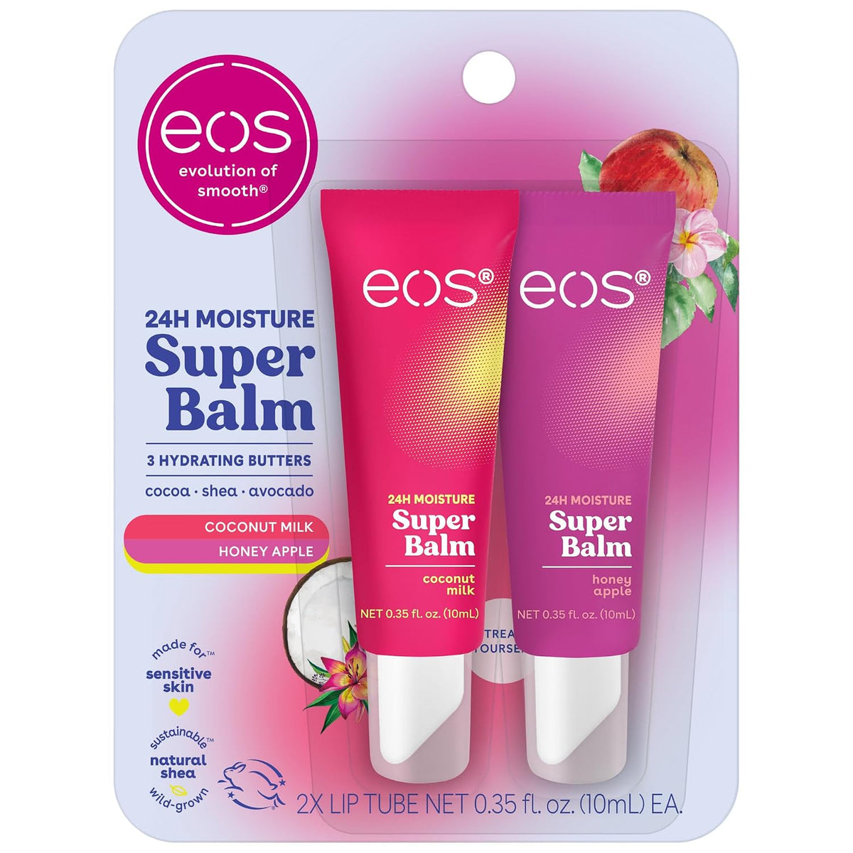 A retail package of EOS Super Balm lip balm containing two tubes: one in coconut milk and one in honey apple. The packaging is a clear blister card with a pink and white gradient background, featuring the EOS brand logo and product details.