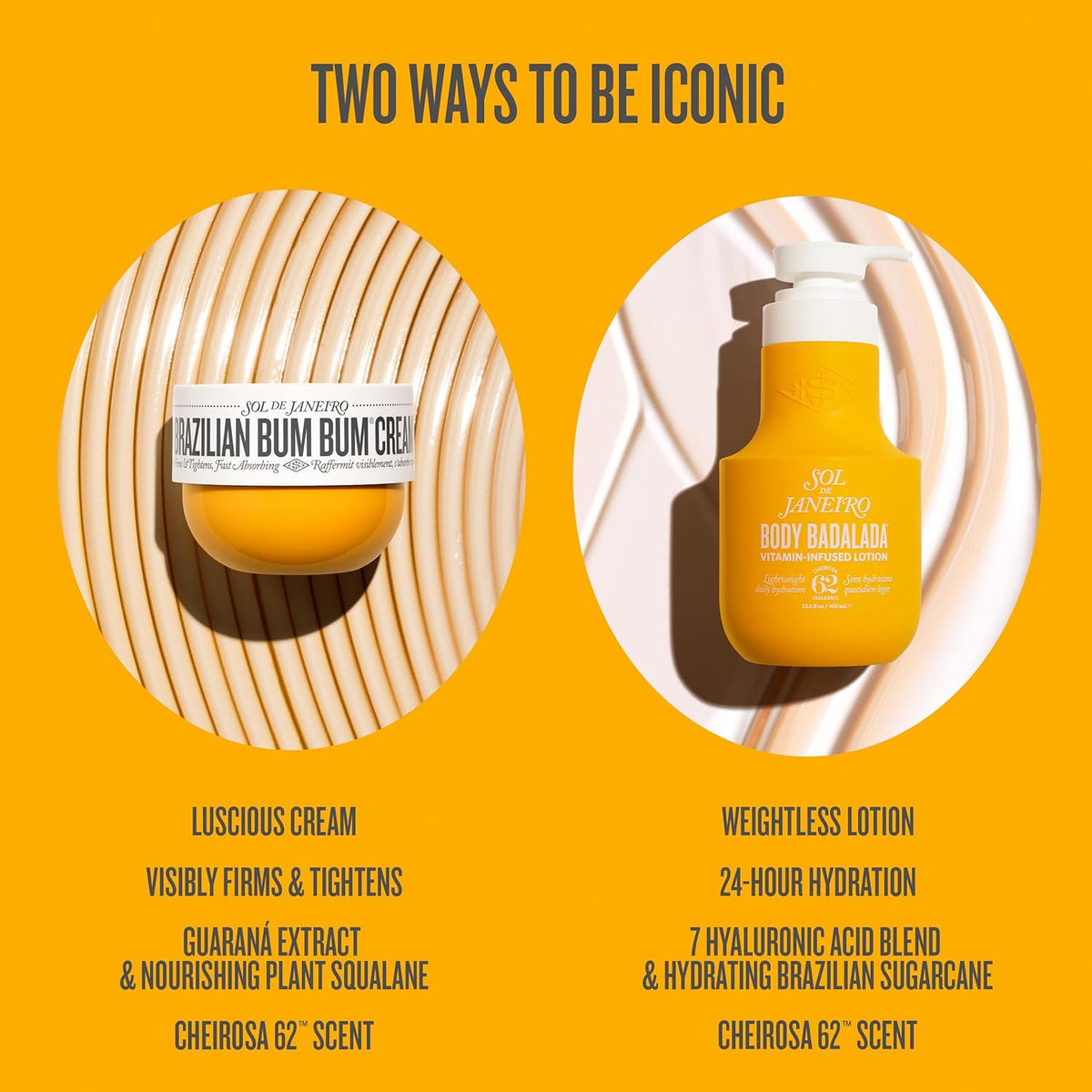 Two products, a jar and a bottle, with text on a yellow background.