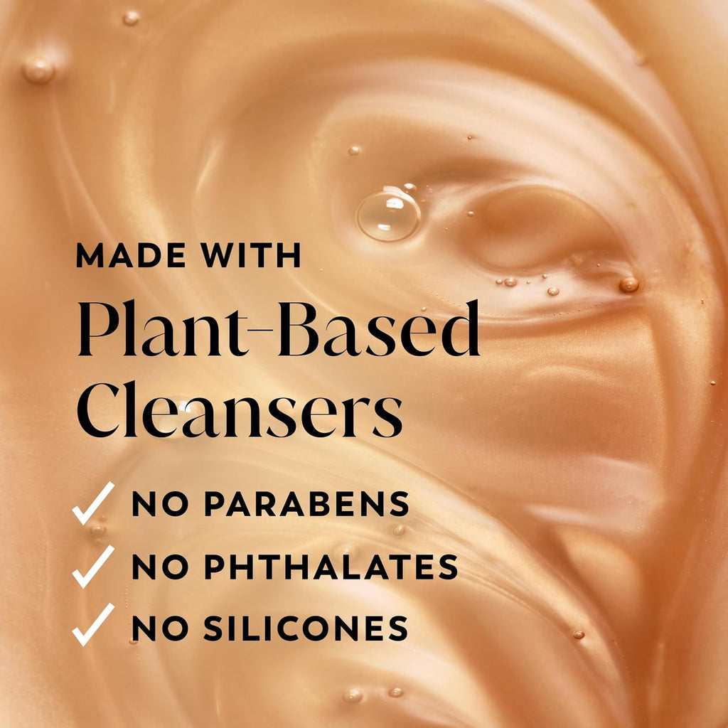 Close-up of a smooth, glossy beige cleanser texture with text reading 'MADE WITH Plant-Based Cleansers' and bullet points noting no parabens, phthalates, or silicones.