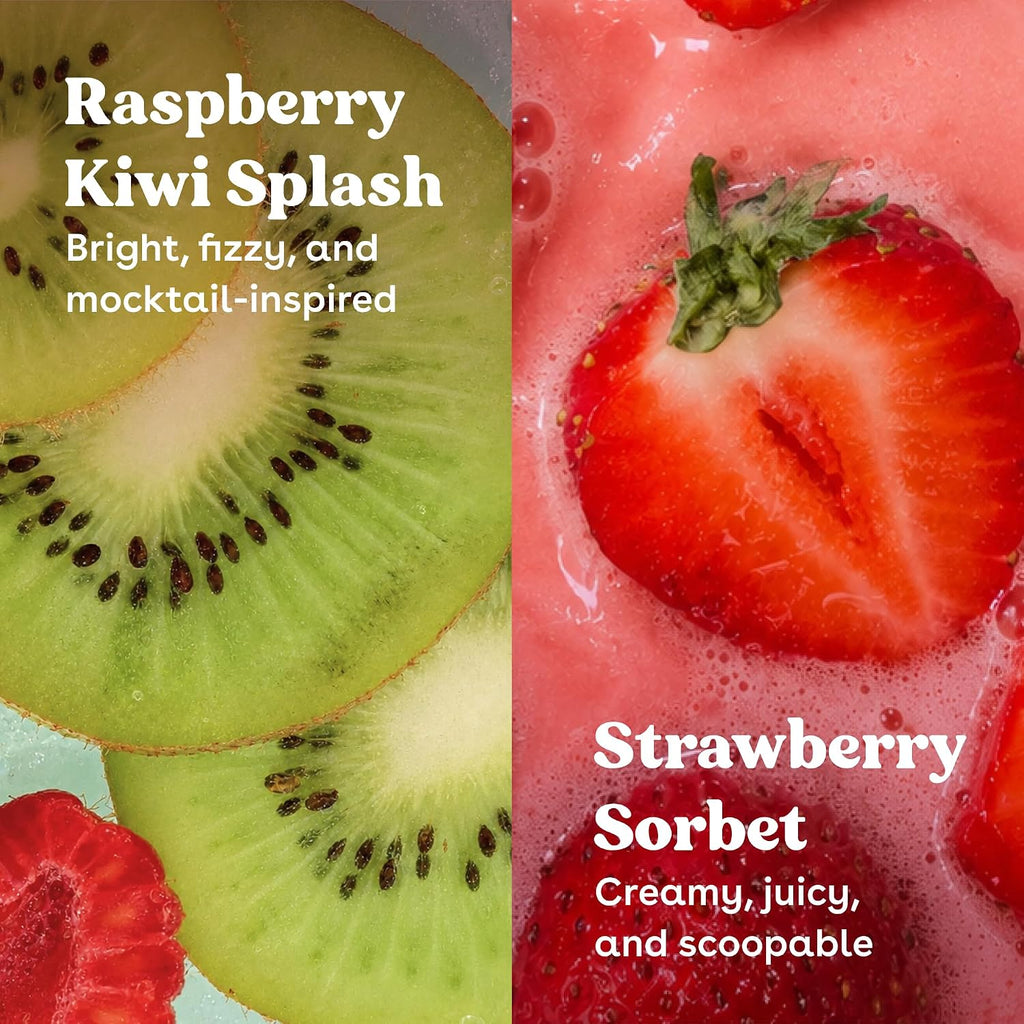 A split-screen graphic showing two strawberry-based drink flavors: on the left, 'Raspberry Kiwi Splash' with sliced kiwi and raspberries, and on the right, 'Strawberry Sorbet' with a close-up strawberry in pink frothy liquid.