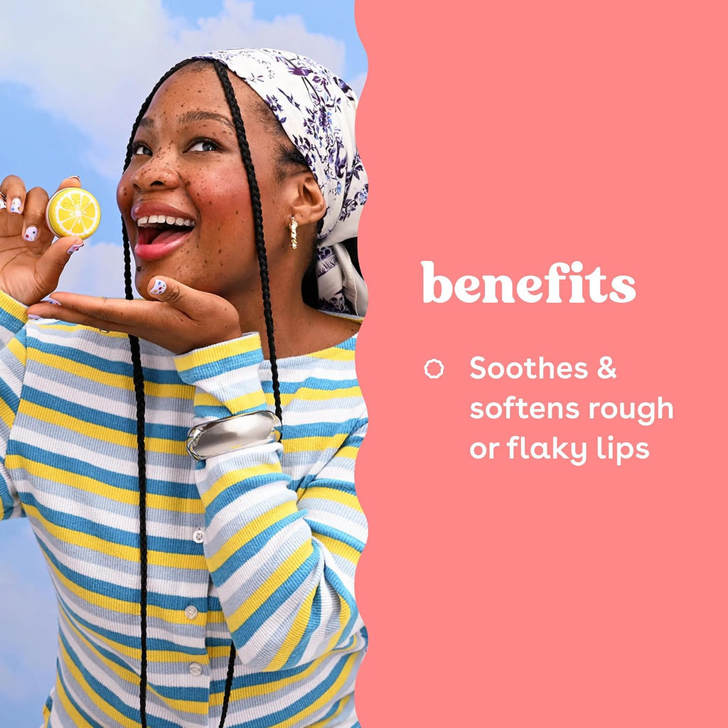 A woman and a text inscription "Benefits Sothes & Softens rough or Flaky Lips