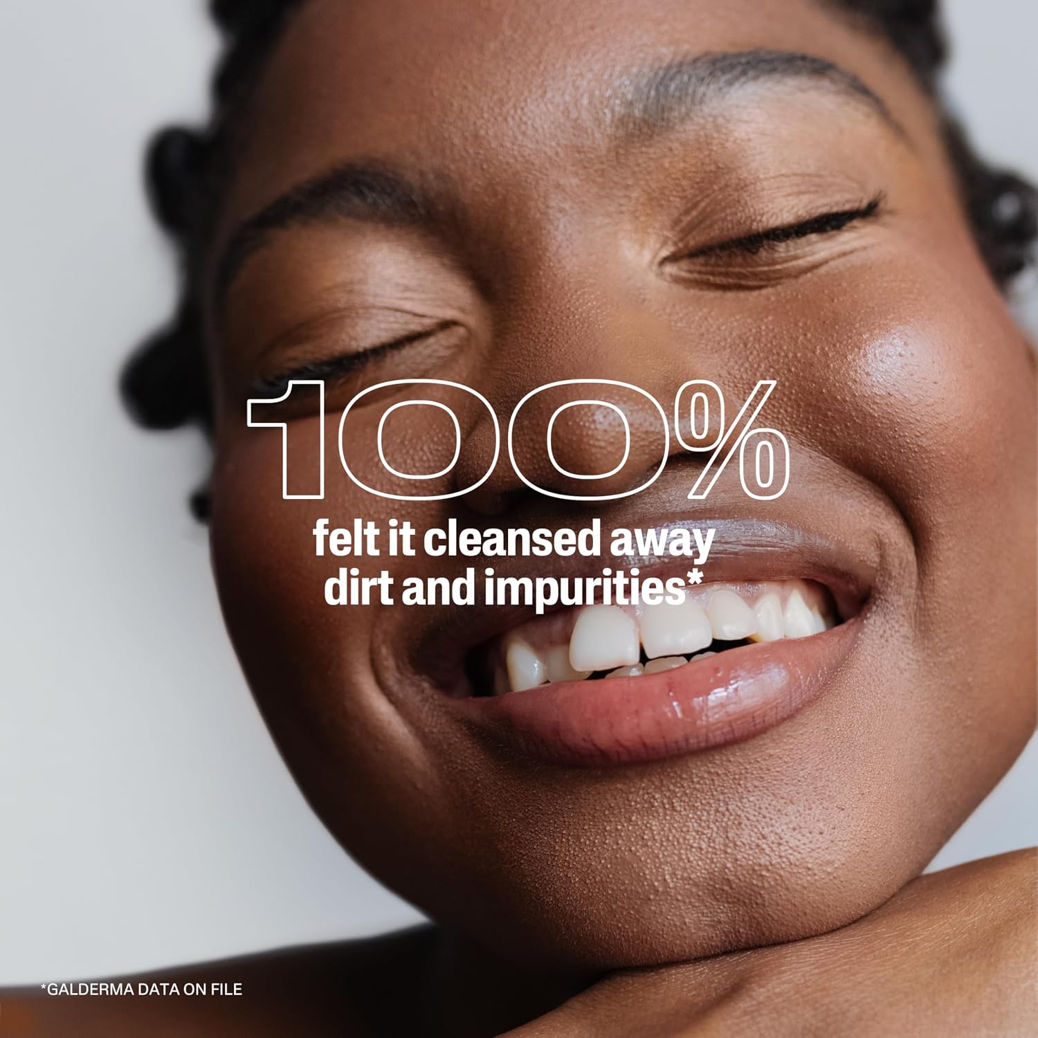 Person with a smile on their face, with text overlay about cleansing.