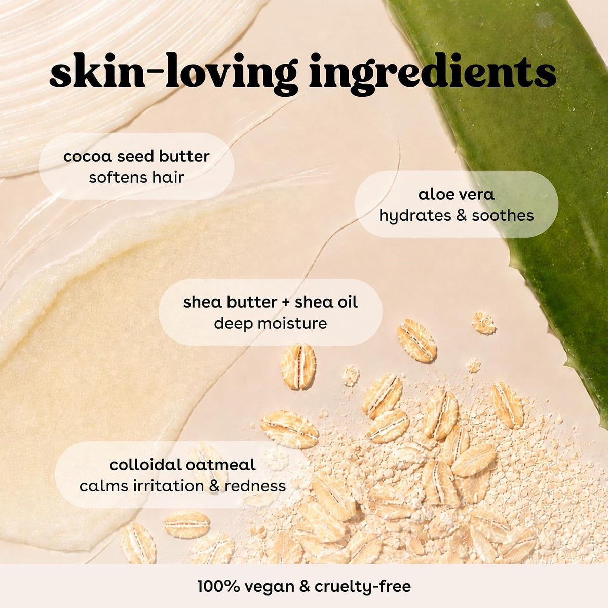 A flat-lay graphic with the headline 'skin-loving ingredients' over a beige cosmetic texture background. Visible elements include a cream-colored cocoa seed butter smear, a green aloe vera leaf, scattered oat flakes, and text callouts stating: 'cocoa seed butter softens hair,' 'aloe vera hydrates & soothes,' 'shea butter + shea oil deep moisture,' and 'colloidal oatmeal calms irritation & redness,' with '100% vegan & cruelty-free' at the bottom.