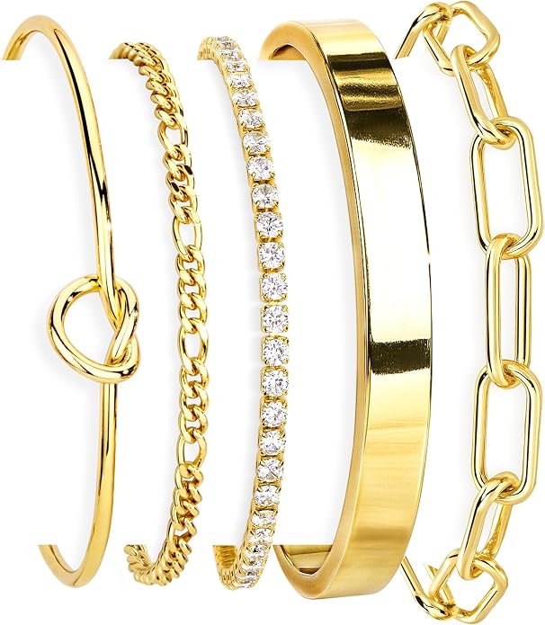 Set of gold bracelets with various designs on a white background