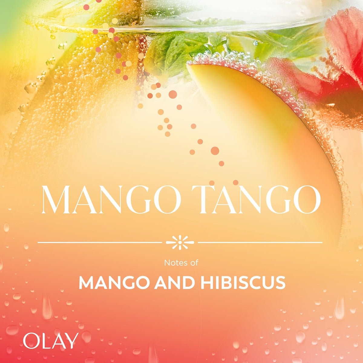 Mango Tango drink with mango slices and hibiscus flowers on a gradient background