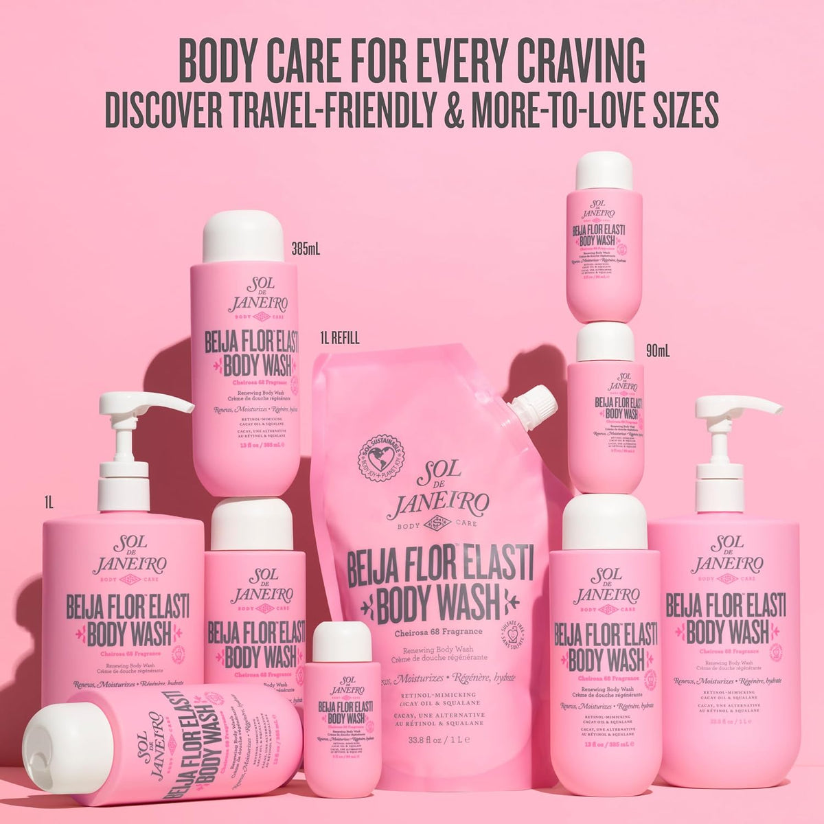 A collection of pink Sol Janefro body wash products arranged against a solid pink background, with promotional text at the top reading 'BODY CARE FOR EVERY CRAVING DISCOVER TRAVEL-FRIENDLY & MORE-TO-LOVE SIZES'. Visible products include pump bottles, flip-top bottles, a refill pouch, and a small bottle, all labeled 'BELJA FLOR ELASTI BODY WASH'.