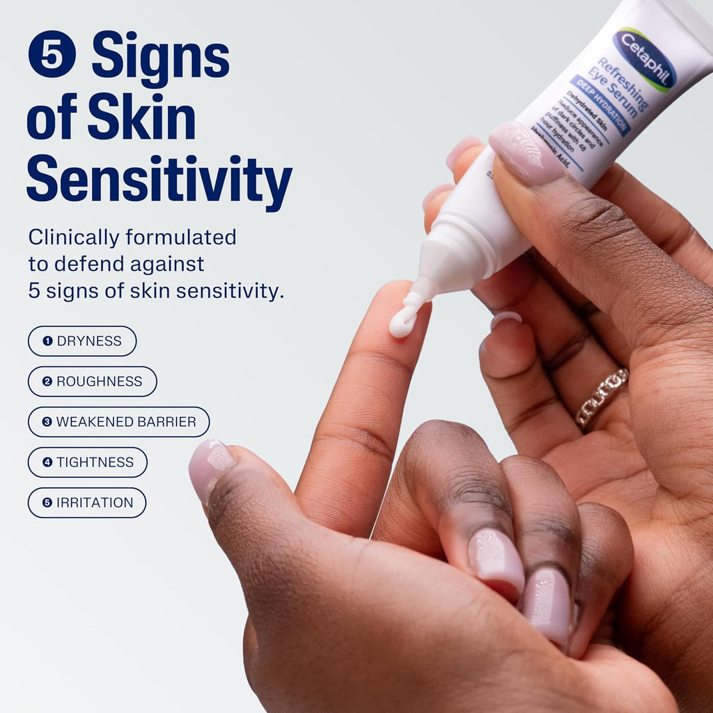 Hand applying a skincare product with text about skin sensitivity and a brand name.