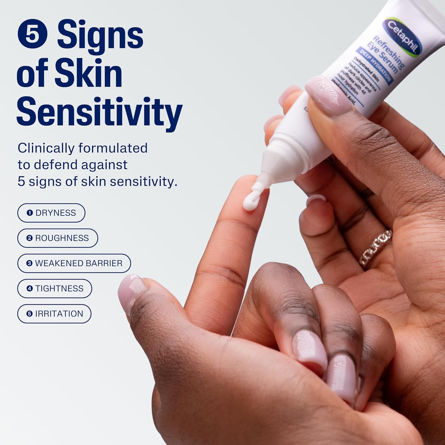 Hand applying a skincare product with text about skin sensitivity and a brand name.
