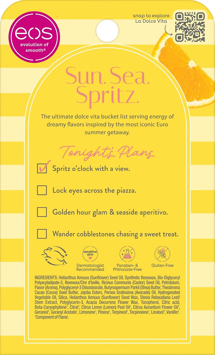 Yellow packaging with text and a QR code for 'Sun. Sea. Spritz.' by eos.