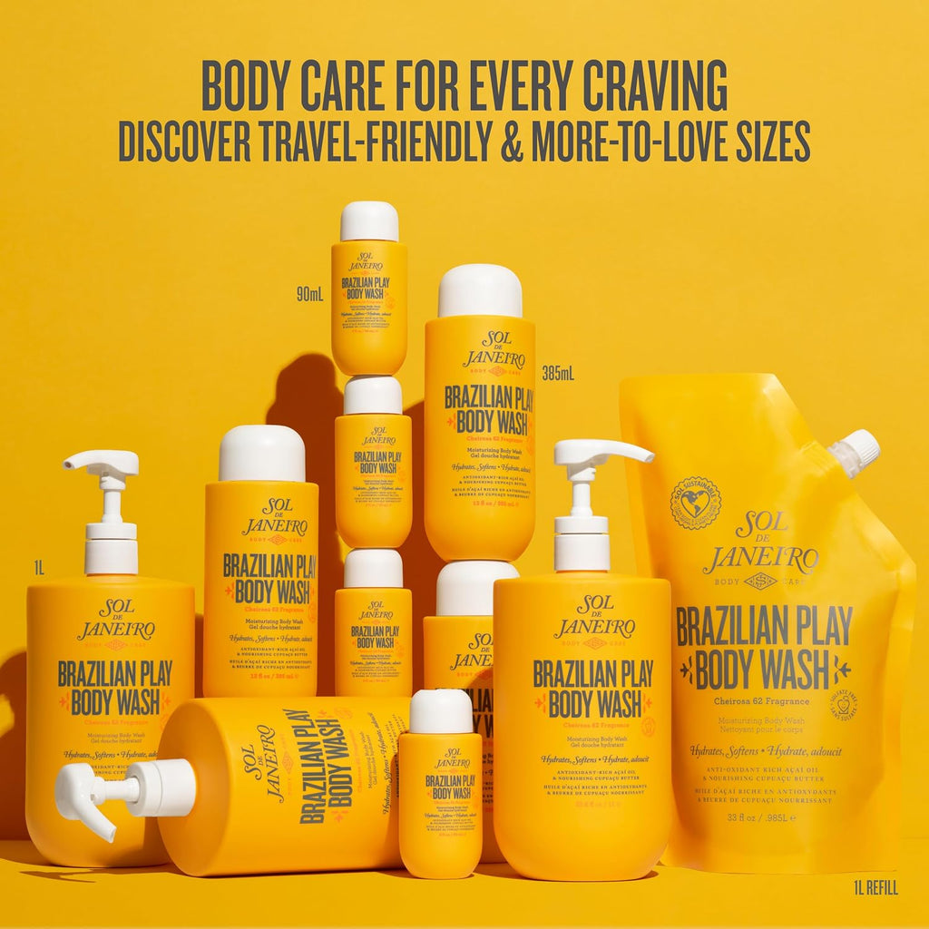Collection of Sol de Janeiro Brazilian Play Body Wash bottles on a yellow background with promotional text.