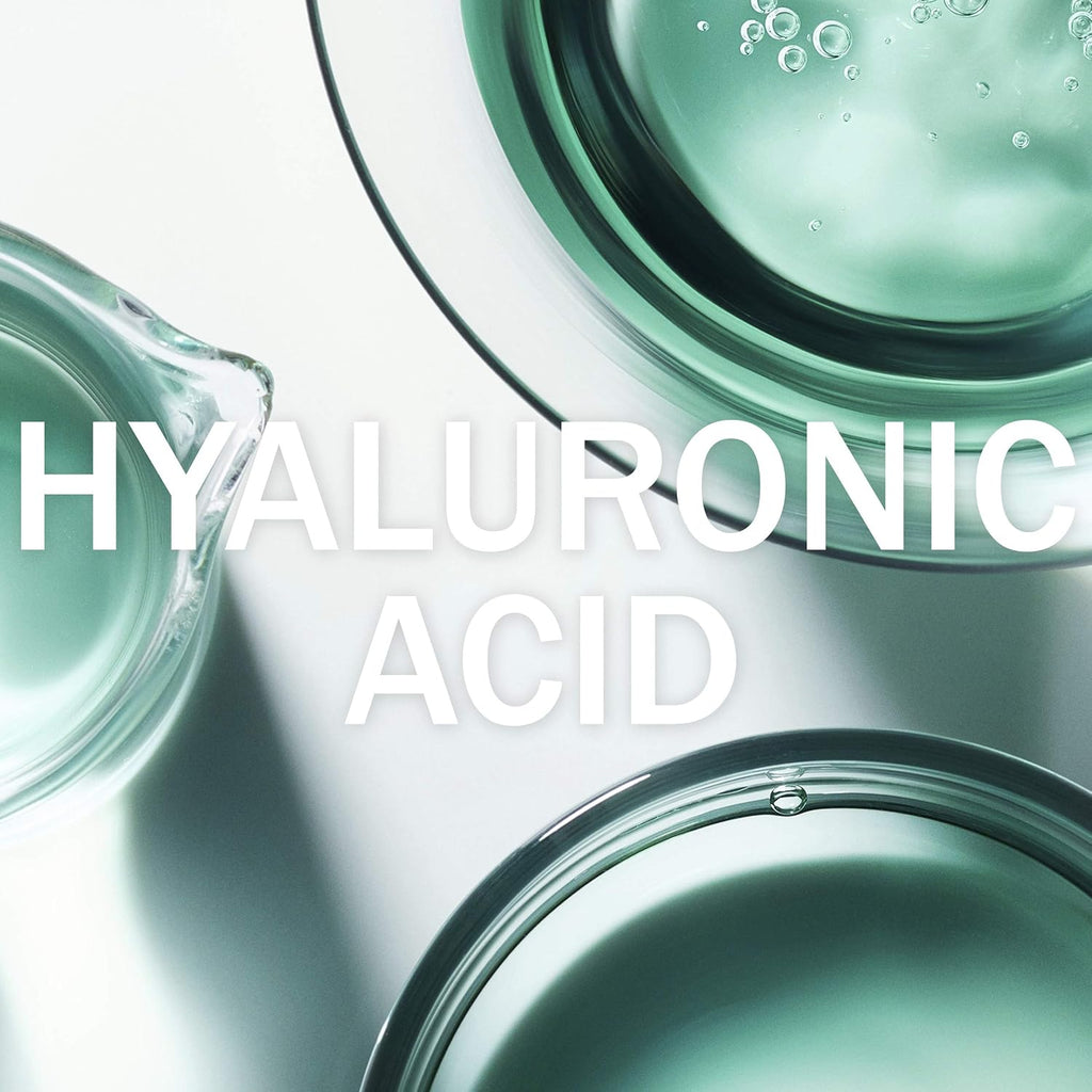 Close-up of hyaluronic acid solution in petri dishes with the text 'HYALURONIC ACID'.