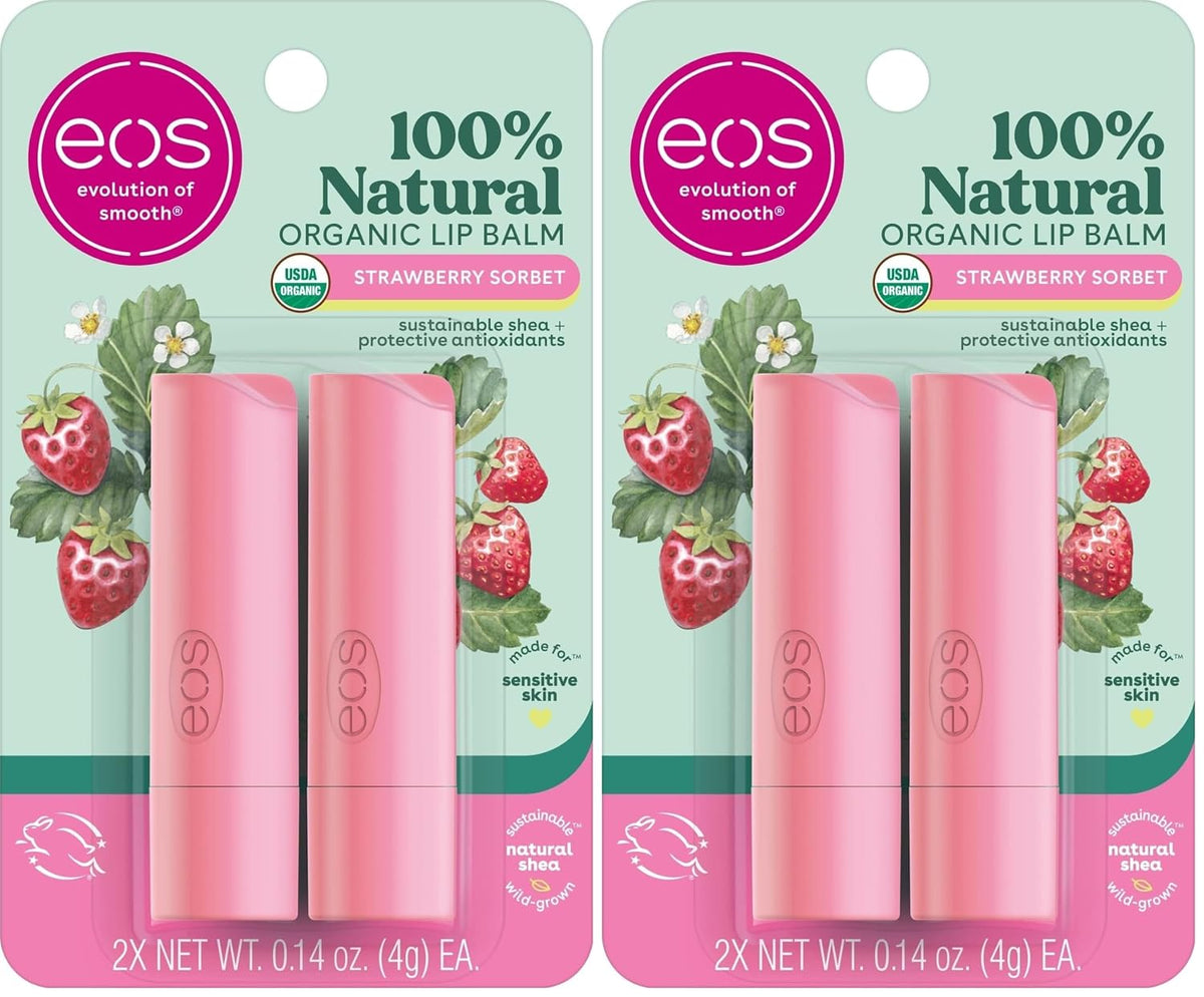 Two packages of EOS 100% Natural Organic Lip Balm in Strawberry Sorbet flavor, each containing two pink lip balm tubes, shown side by side on a white background.