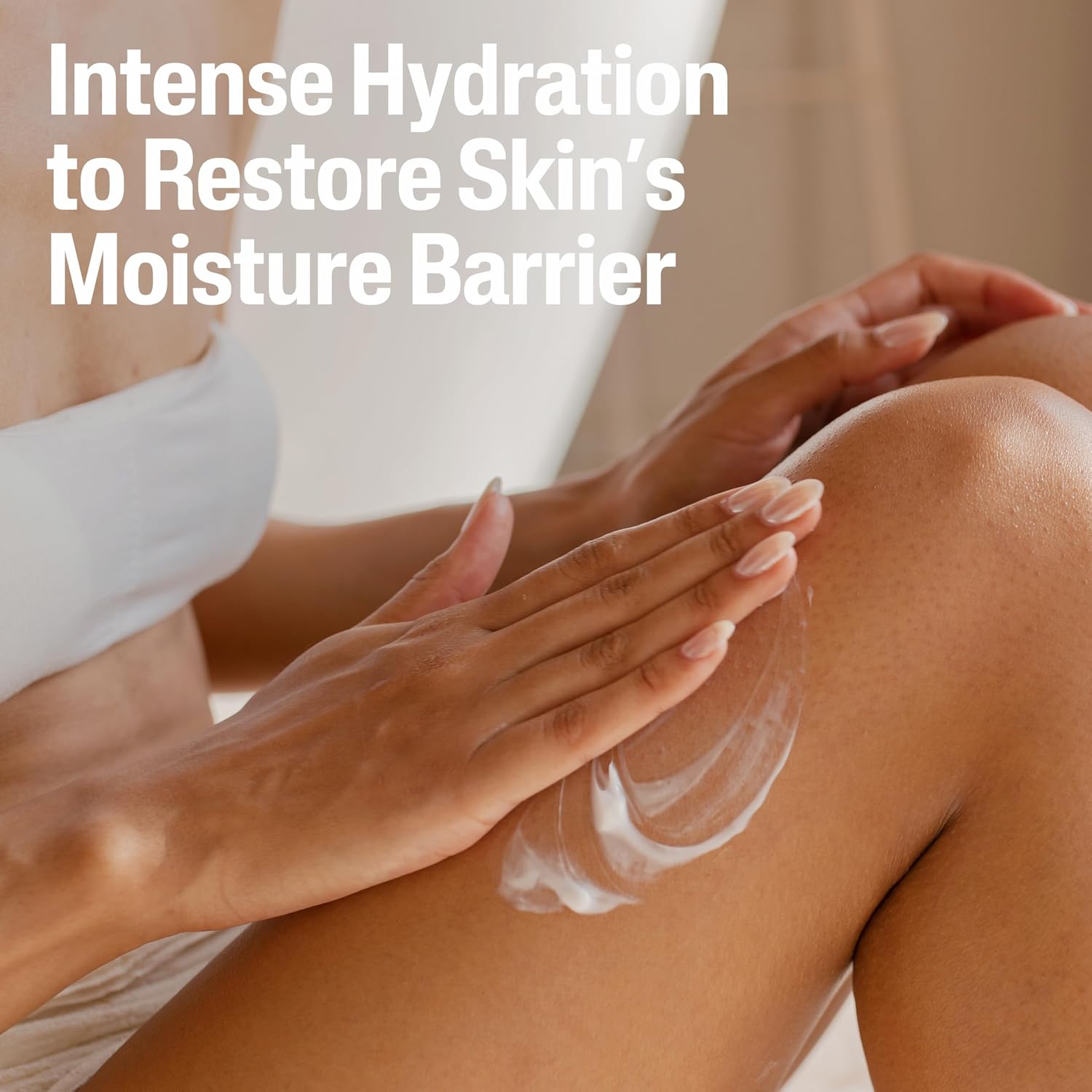 Person applying cream to their leg with text about intense hydration for skin barrier restoration.