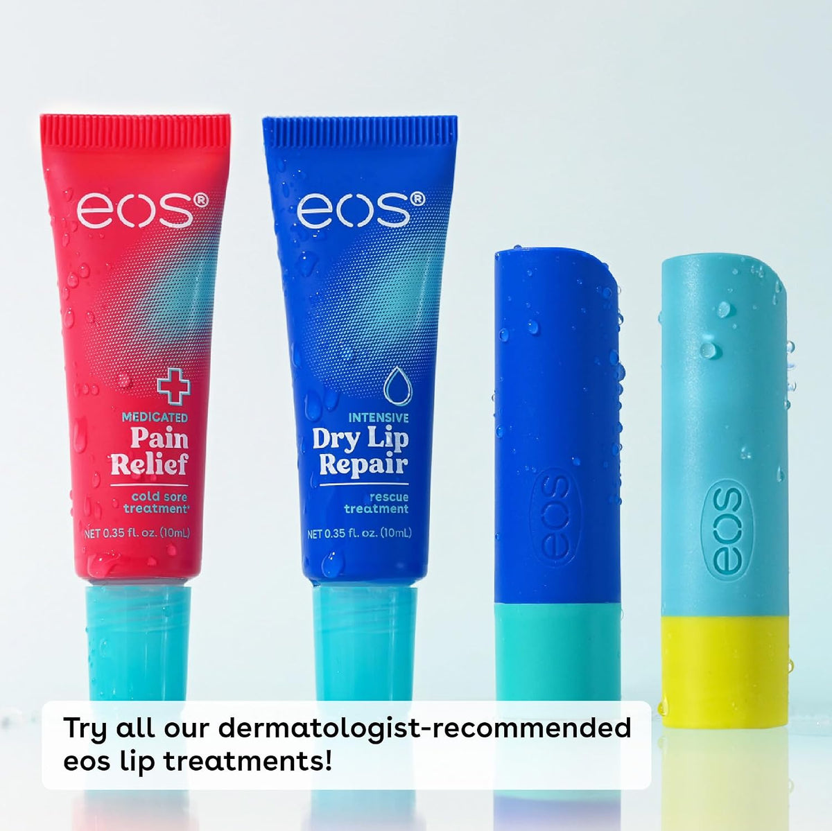 Four eos lip balm tubes in different flavors on a light blue background