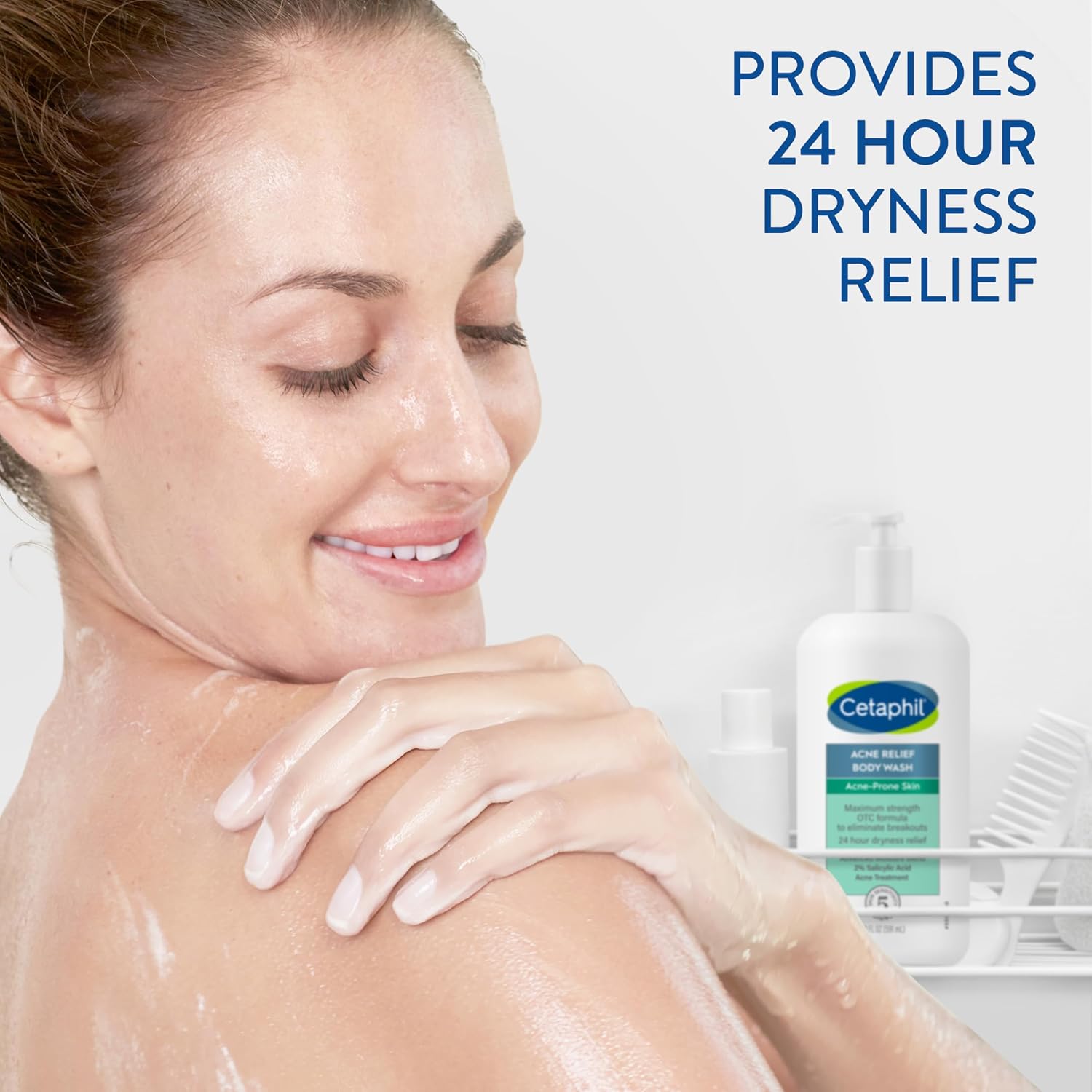 Woman applying lotion to her shoulder with Cetaphil bottle in the background, text 'Provides 24 Hour Dryness Relief'.
