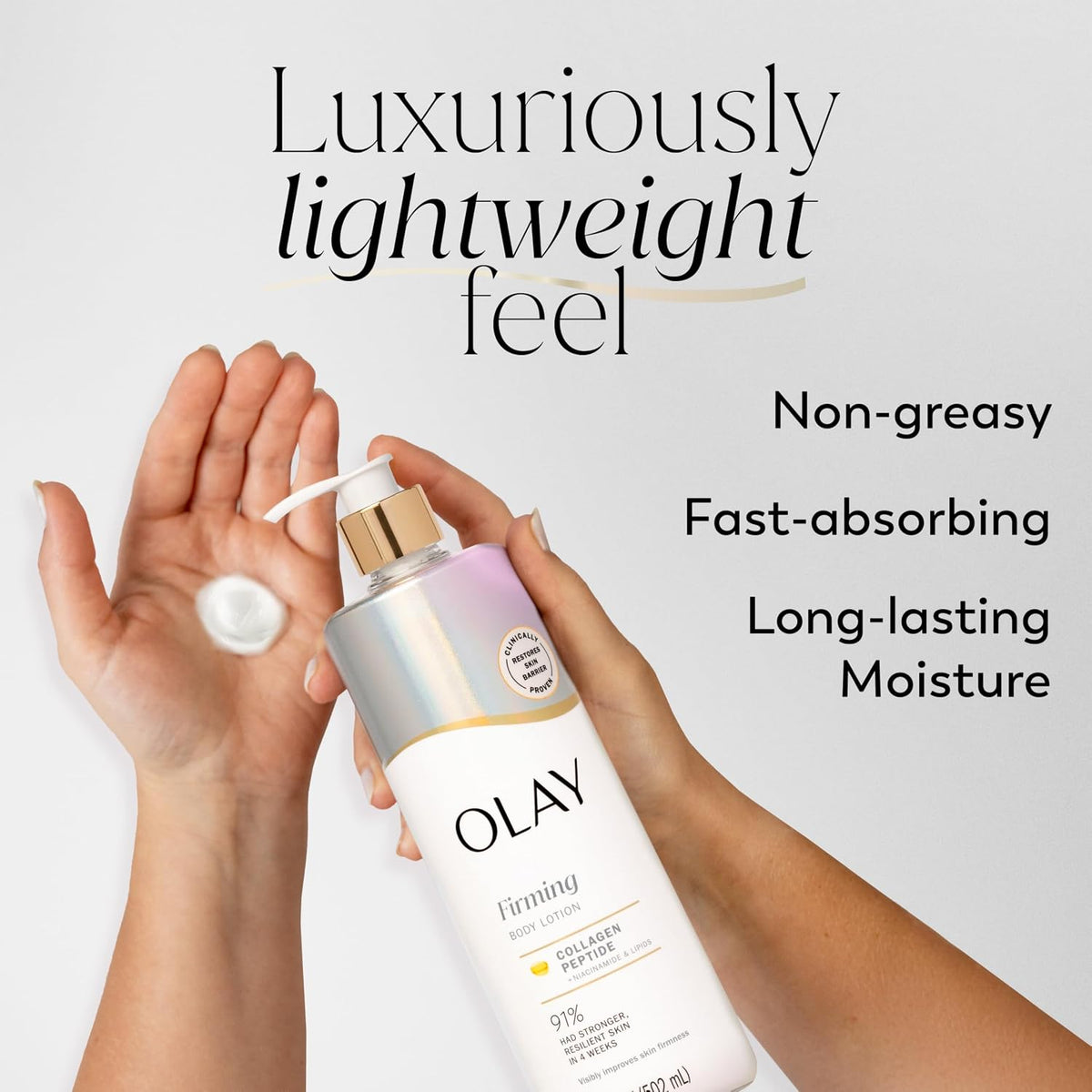 OLAY moisturizer bottle being applied with text highlighting features on a light gray background