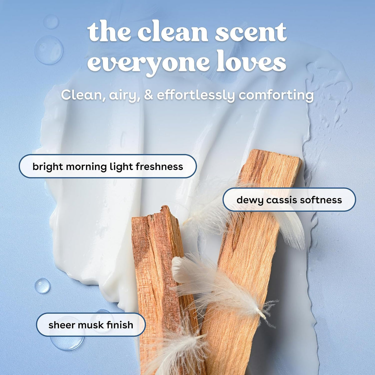 Product description with wooden elements and text on a light blue background