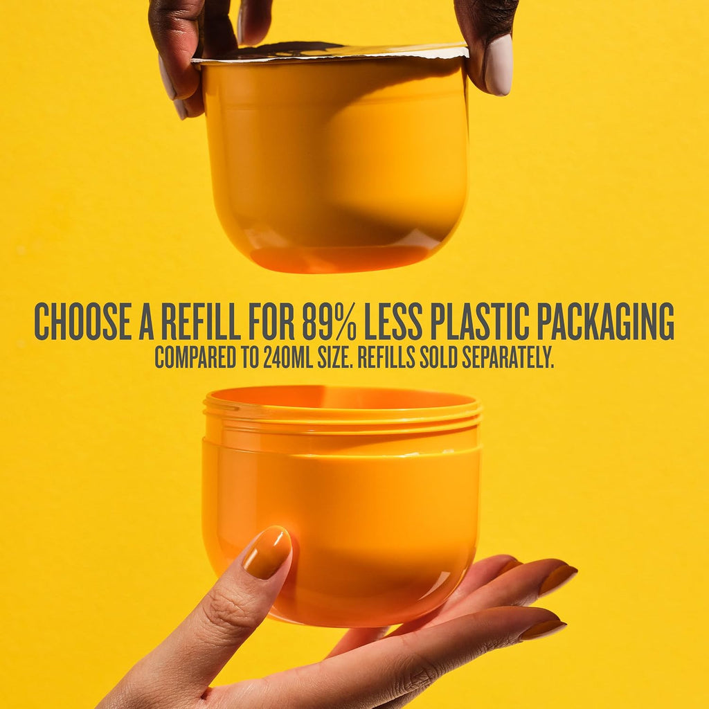 Two hands holding yellow containers with text about refill options on a yellow background