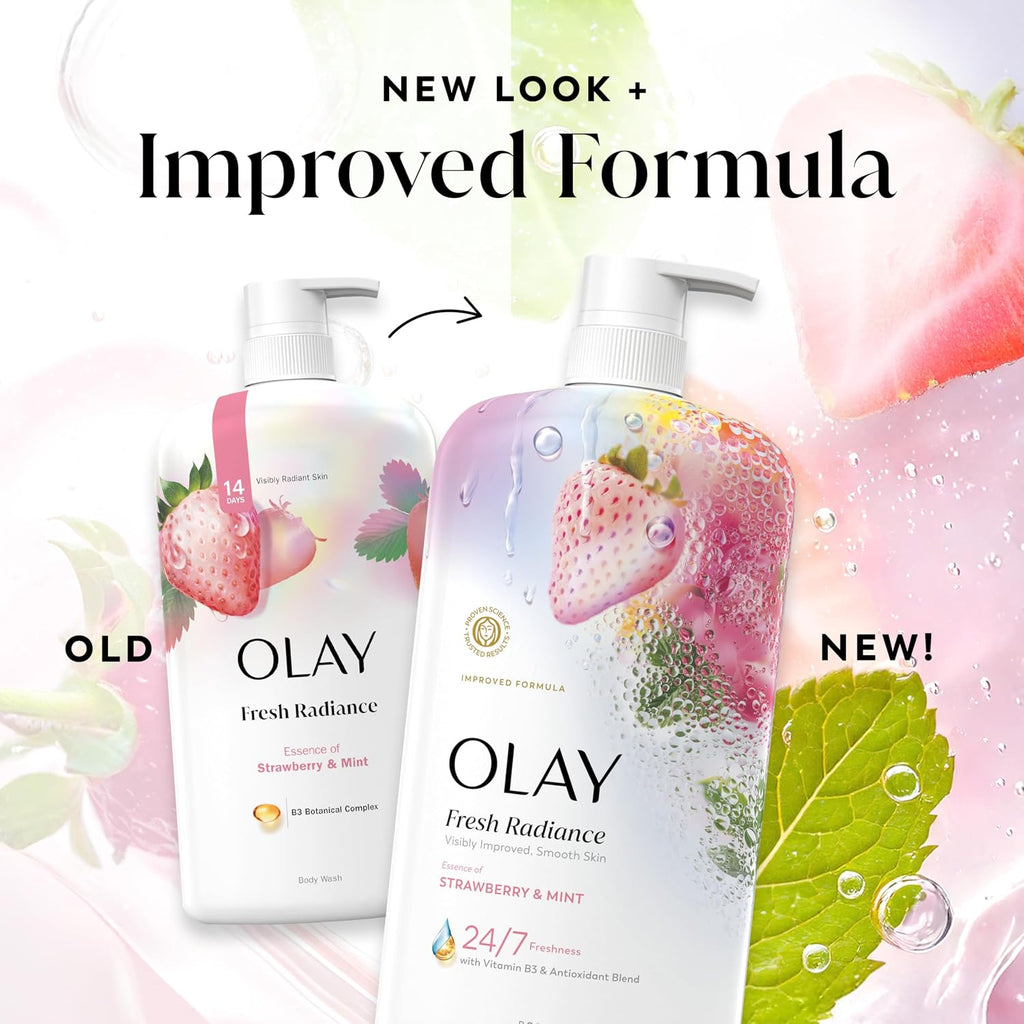 OLAY Fresh Radiance products with 'New Look + Improved Formula' text on a colorful background.