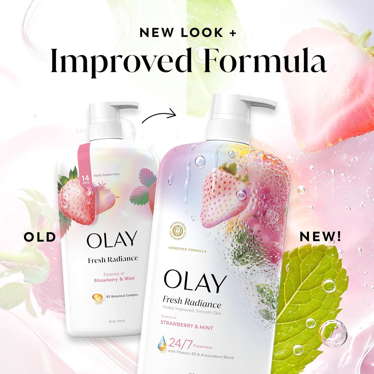 OLAY Fresh Radiance products with 'New Look + Improved Formula' text on a colorful background.