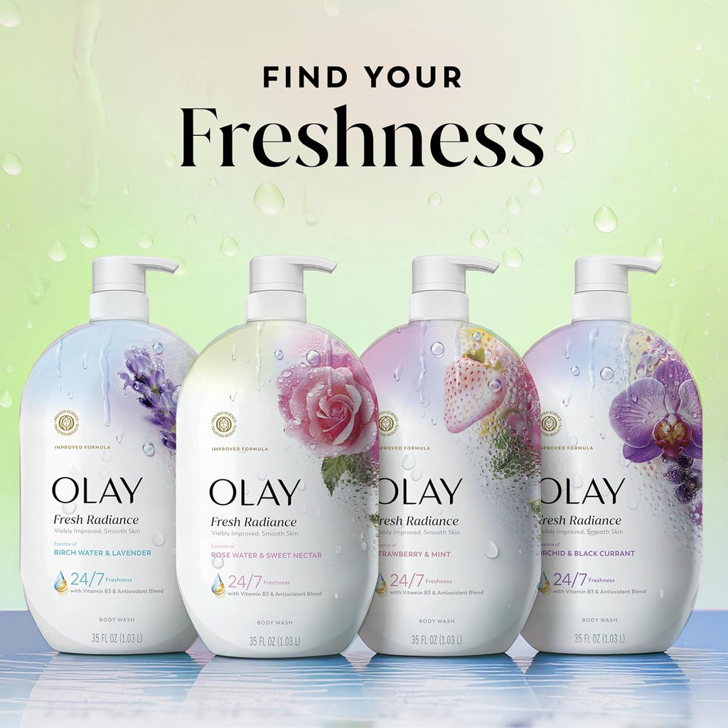 Four Olay Fresh Radiance bottles with floral designs on a light green background.