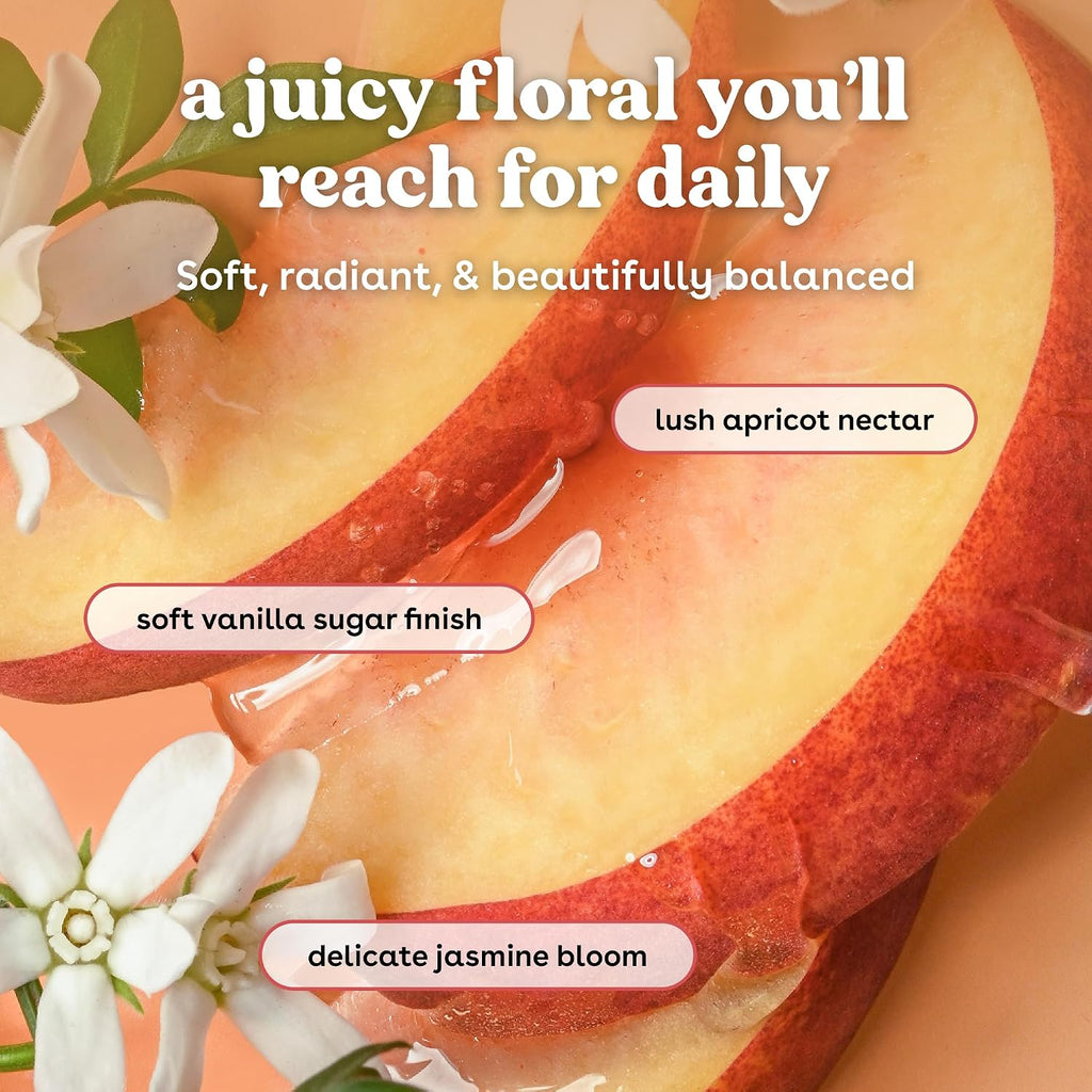 Close-up of a peach slice with white blossoms and overlaid text describing the flavor profile as juicy floral, soft and radiant, with notes of apricot nectar, vanilla sugar, and jasmine bloom.