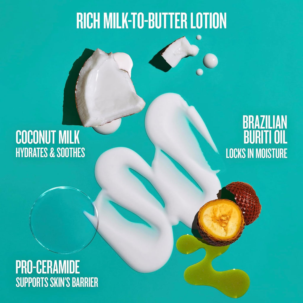 A teal promotional graphic for a milk-to-butter lotion, showing white cream swirls, a broken coconut half, a sliced banana, a clear glass dropper, and text reading 'RICH MILK-TO-BUTTER LOTION' plus ingredient claims for coconut milk, Brazilian buriti oil, and pro-ceramide.