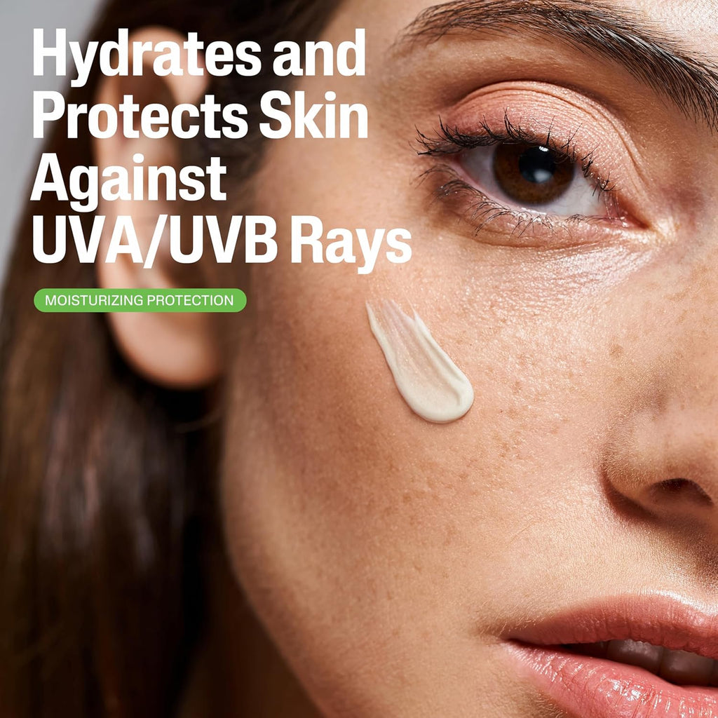Close-up of a woman's face with a skincare product applied, text about skin hydration and protection.