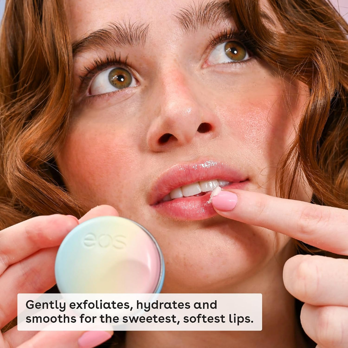 Woman applying lip balm with text about its benefits