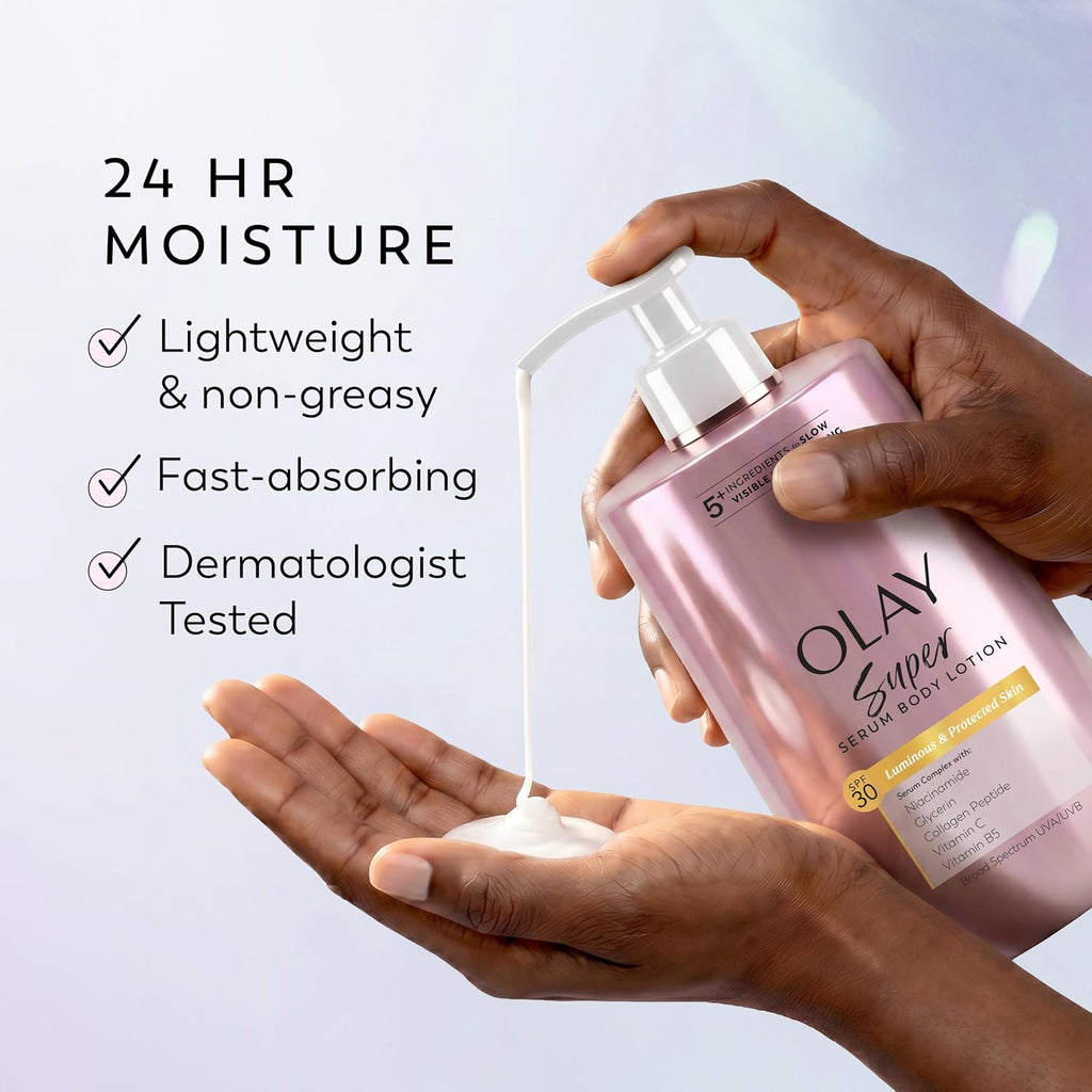 A person's hands holding and dispensing Olay Super Serum Body Lotion, with white lotion being poured into an open palm. Text on the left highlights '24 HR MOISTURE' with bullet points for lightweight non-greasy texture, fast-absorbing speed, and dermatologist testing.