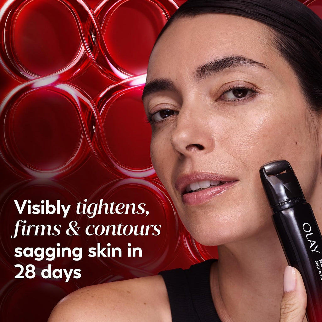 Woman using Olay product with red circular background