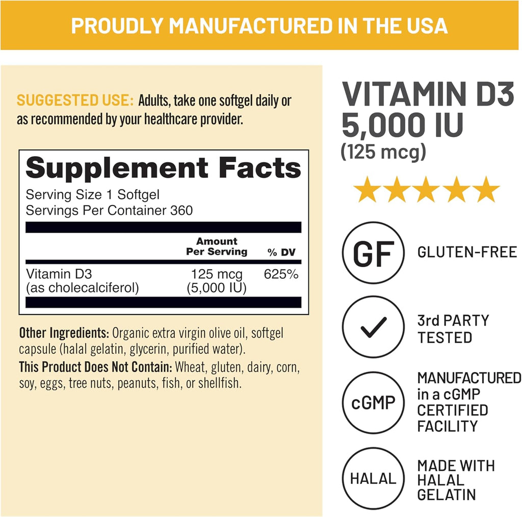 NatureWise Vitamin D3 5000 IU – 1 Year Supply (360 Mini Softgels)