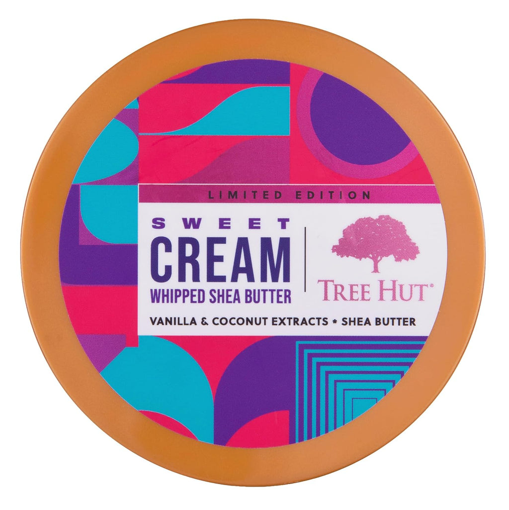 Round container of Tree Hut Sweet Cream Whipped Shea Butter with colorful label