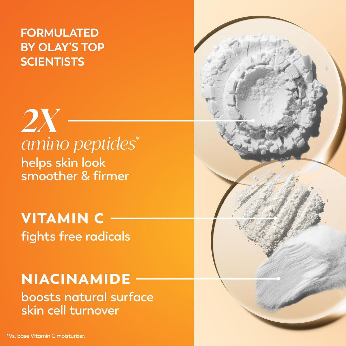 Cosmetic product with text highlighting ingredients and benefits on an orange and beige background