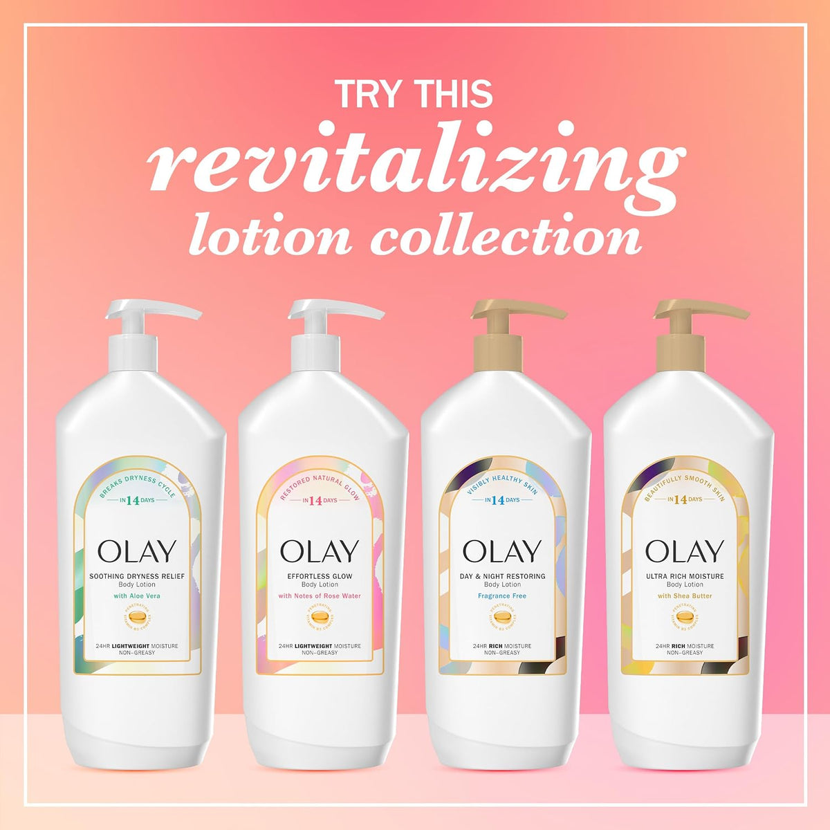 Four Olay lotion bottles on a pink background with text promoting a revitalizing lotion collection.