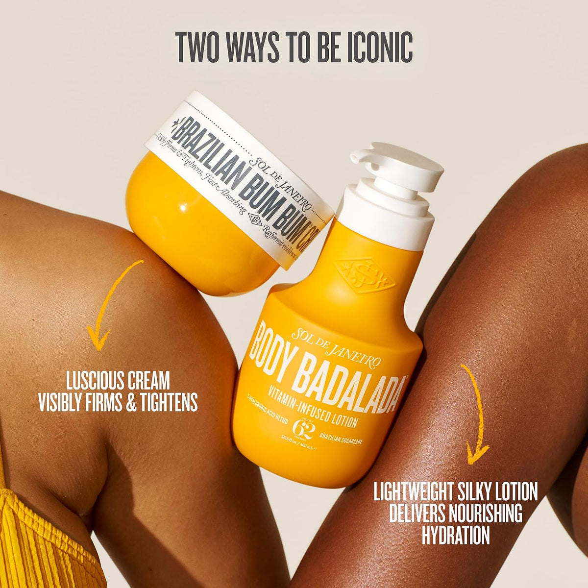 Two bottles of Brazilian Bum Bum and Sol de Janeiro Body Badalado products on a person's legs with text describing their benefits.